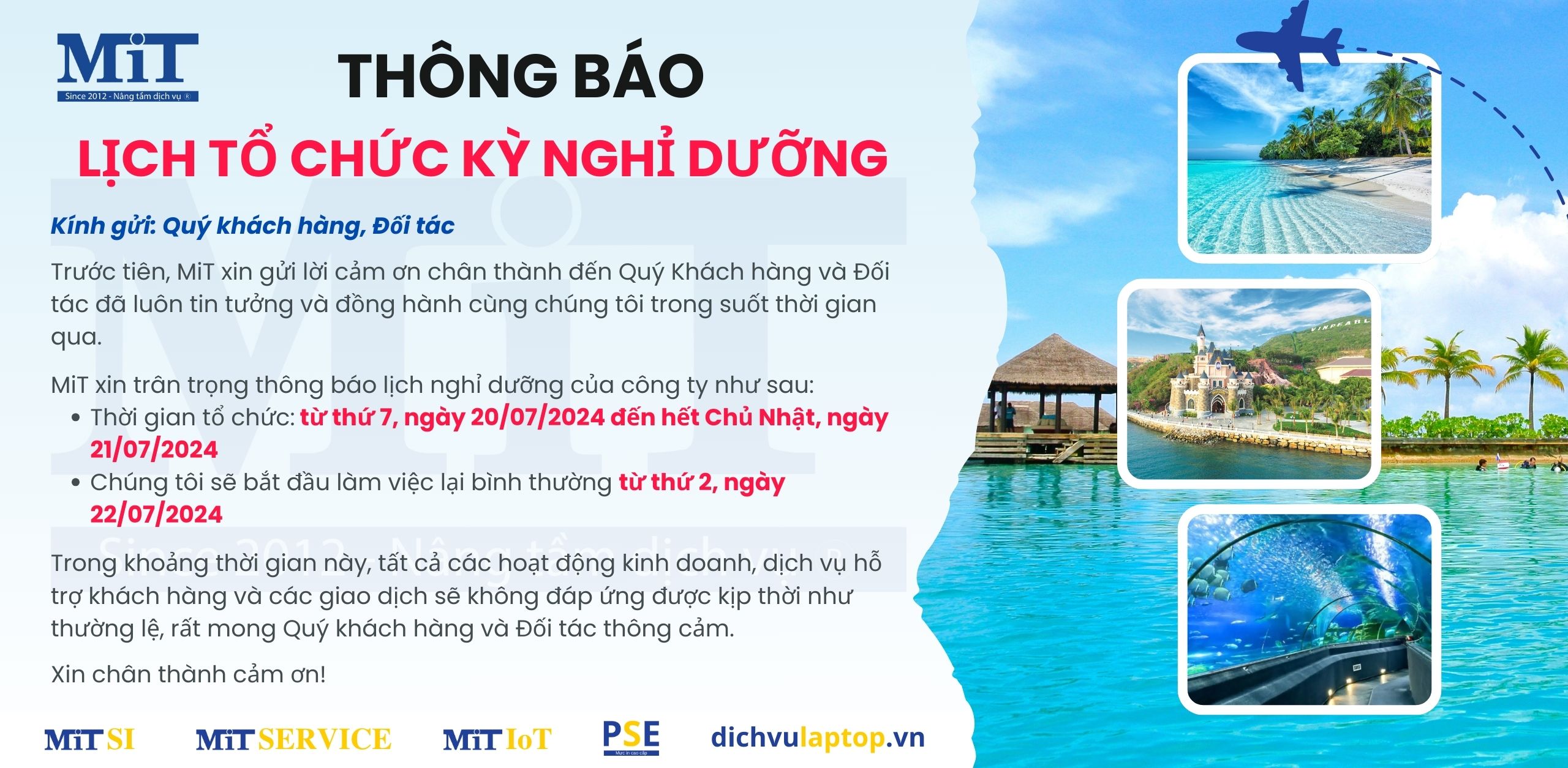 THÔNG BÁO LỊCH NGHỈ DƯỠNG CỦA CÔNG TY MiT NĂM 2024